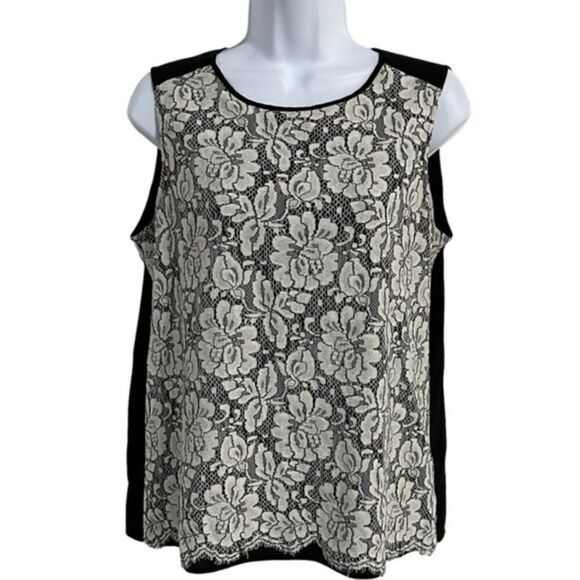 Calvin Klein black sleeveless floral lace overlay round neck blouse-L - Picture 1 of 5